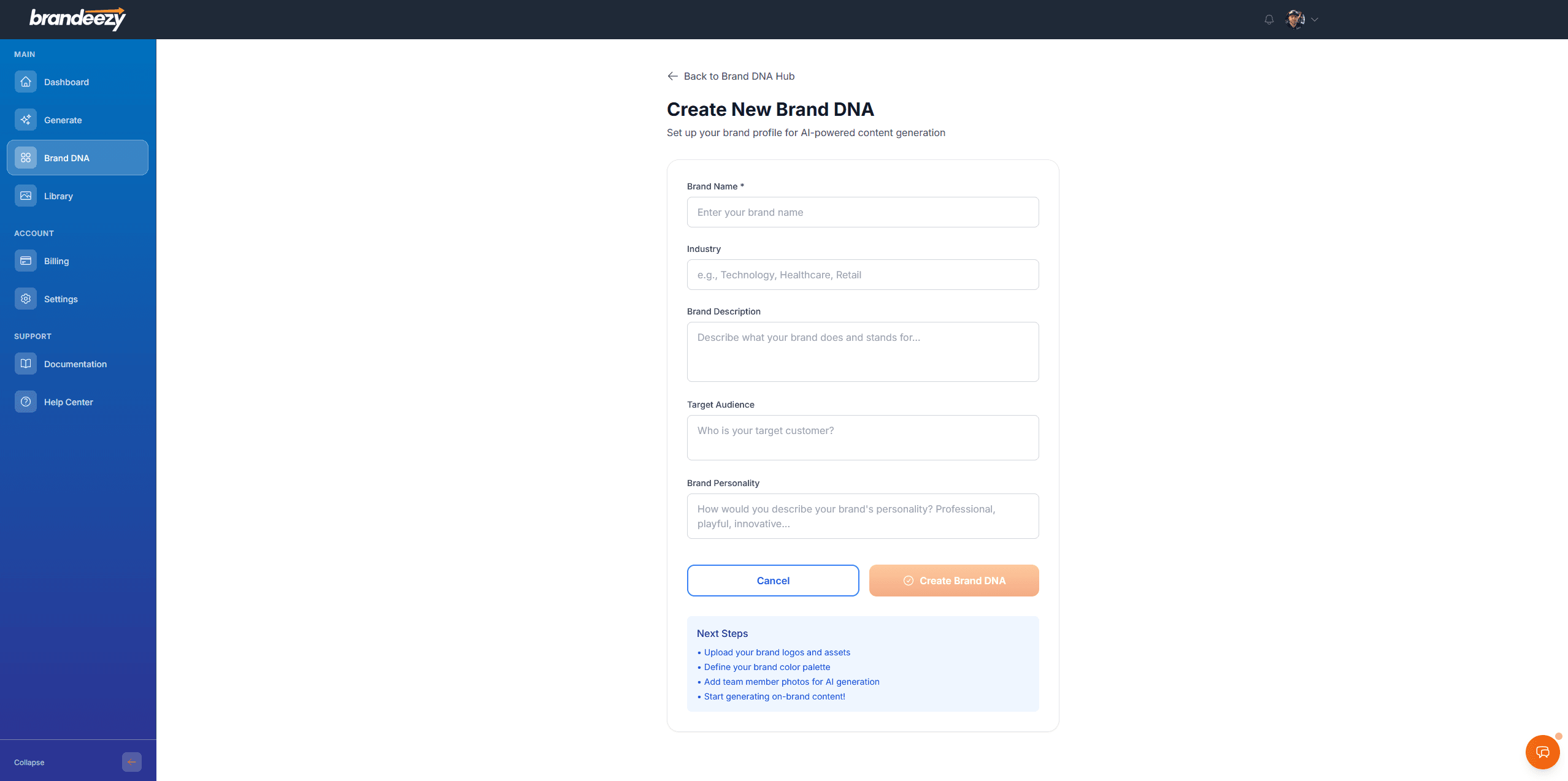 Real brands management page - Set up your brand DNA with logo upload, colors, and descriptions