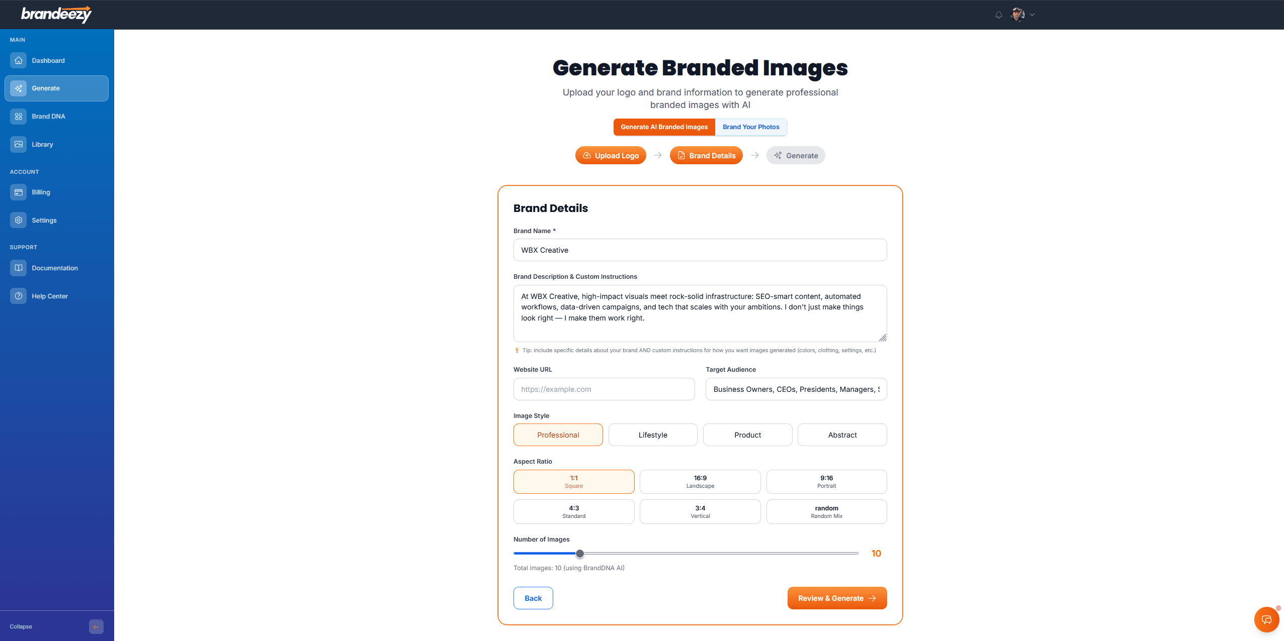 Real AI generation interface - Create professional branded images with quick or custom generation