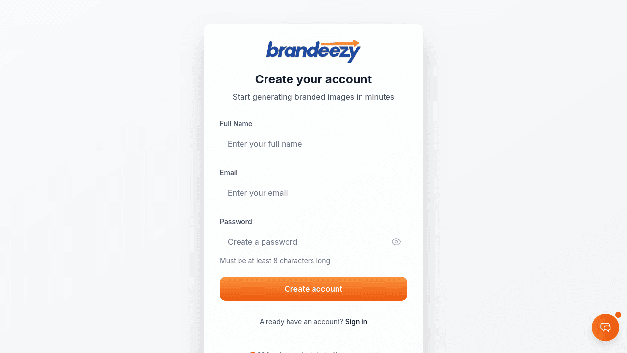 Real signup page interface - Create your account with email and password to get 50 free credits